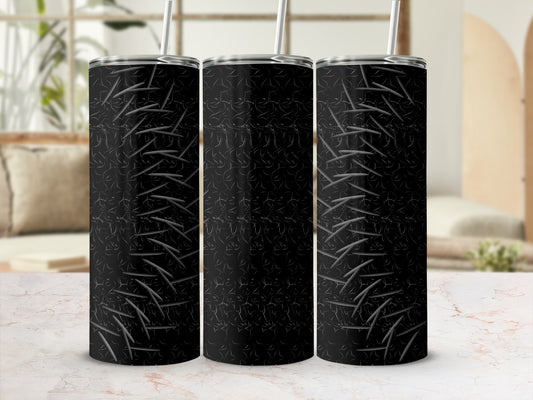 Three black tumblers with a scratched metal pattern and straws.