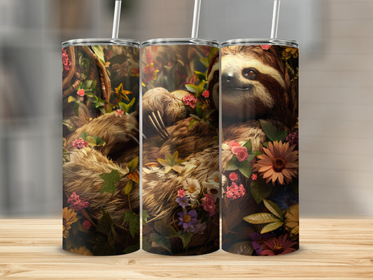 Sloth nestled in floral vines, rendered in a textured, illustrative style.