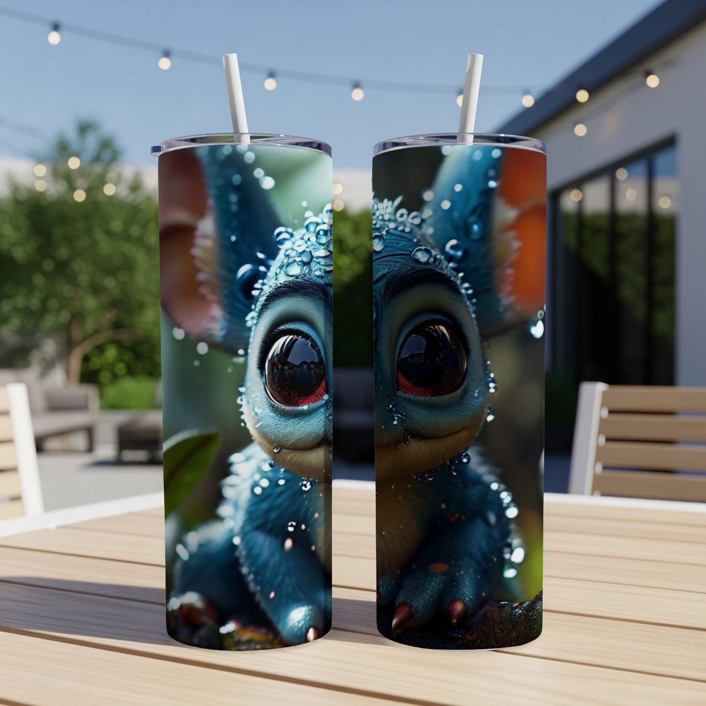 Blue creature tumbler with water droplets, large eyes, and straw.