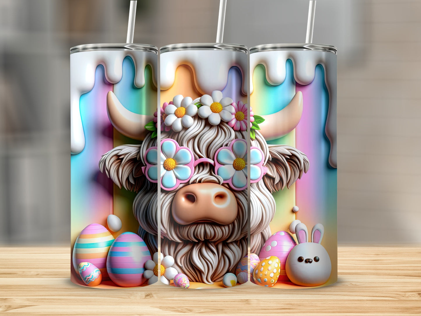 Highland cow with sunglasses and flowers, surrounded by Easter eggs.