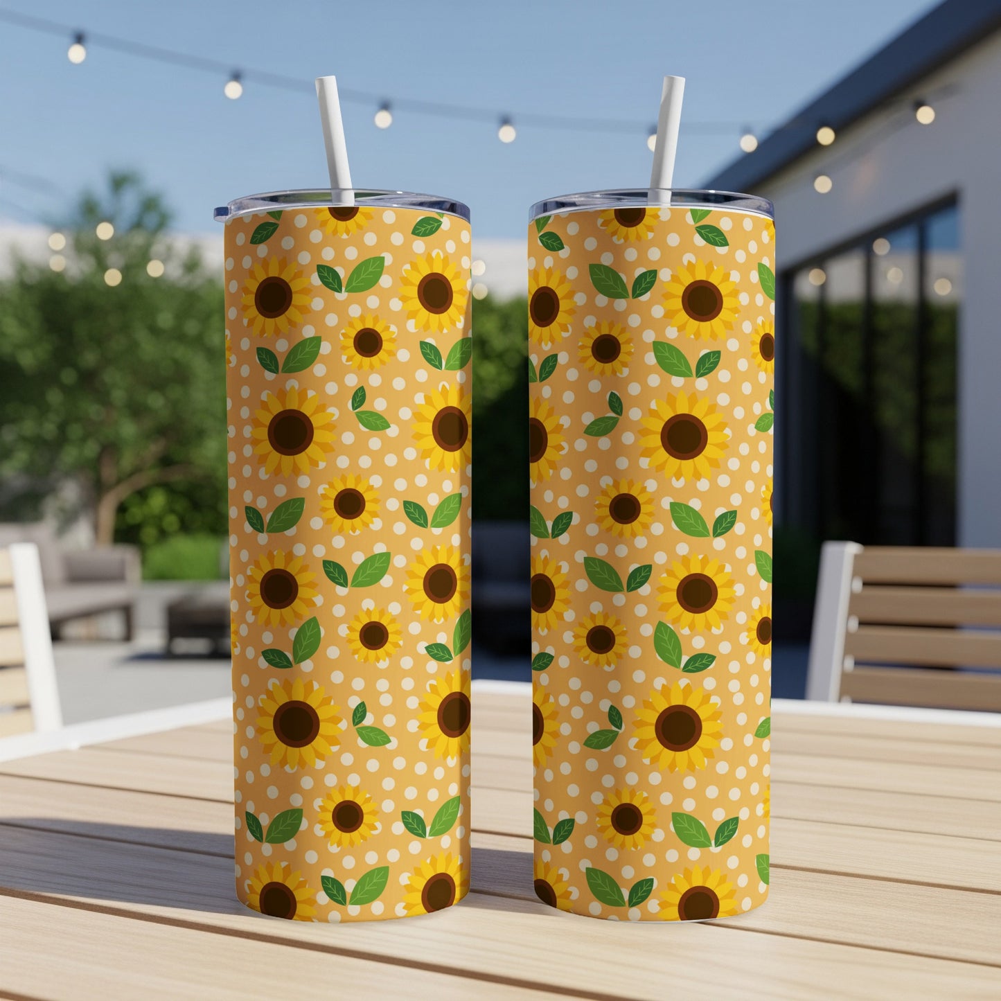 Two tumblers with sunflower and polka dot pattern on an outdoor table.