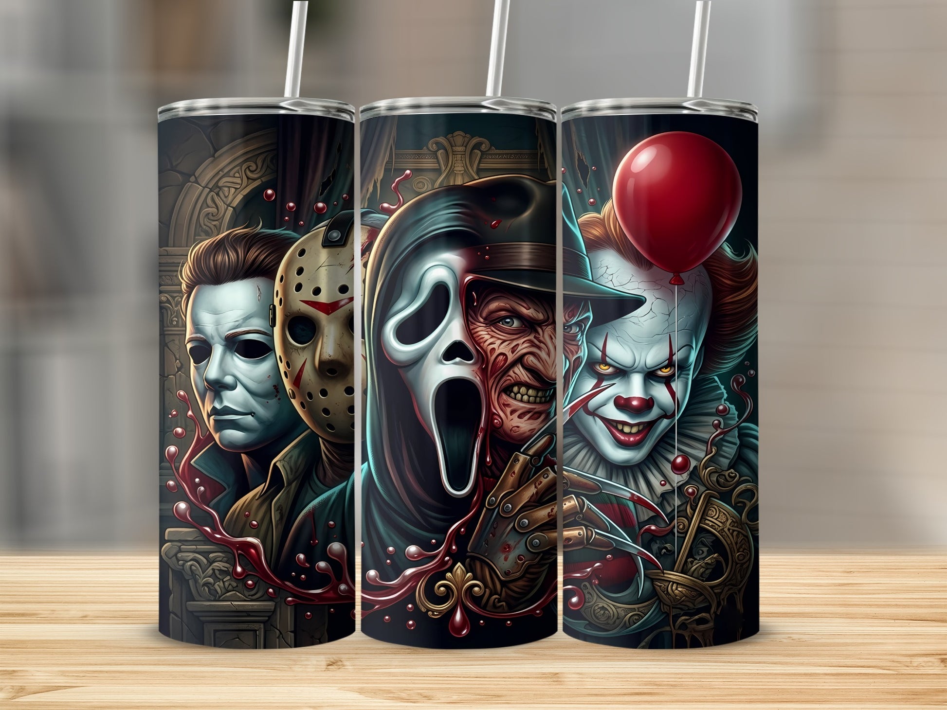 Three tumblers featuring horror movie villains: Michael Myers, Ghostface, Freddy Krueger, and Pennywise.