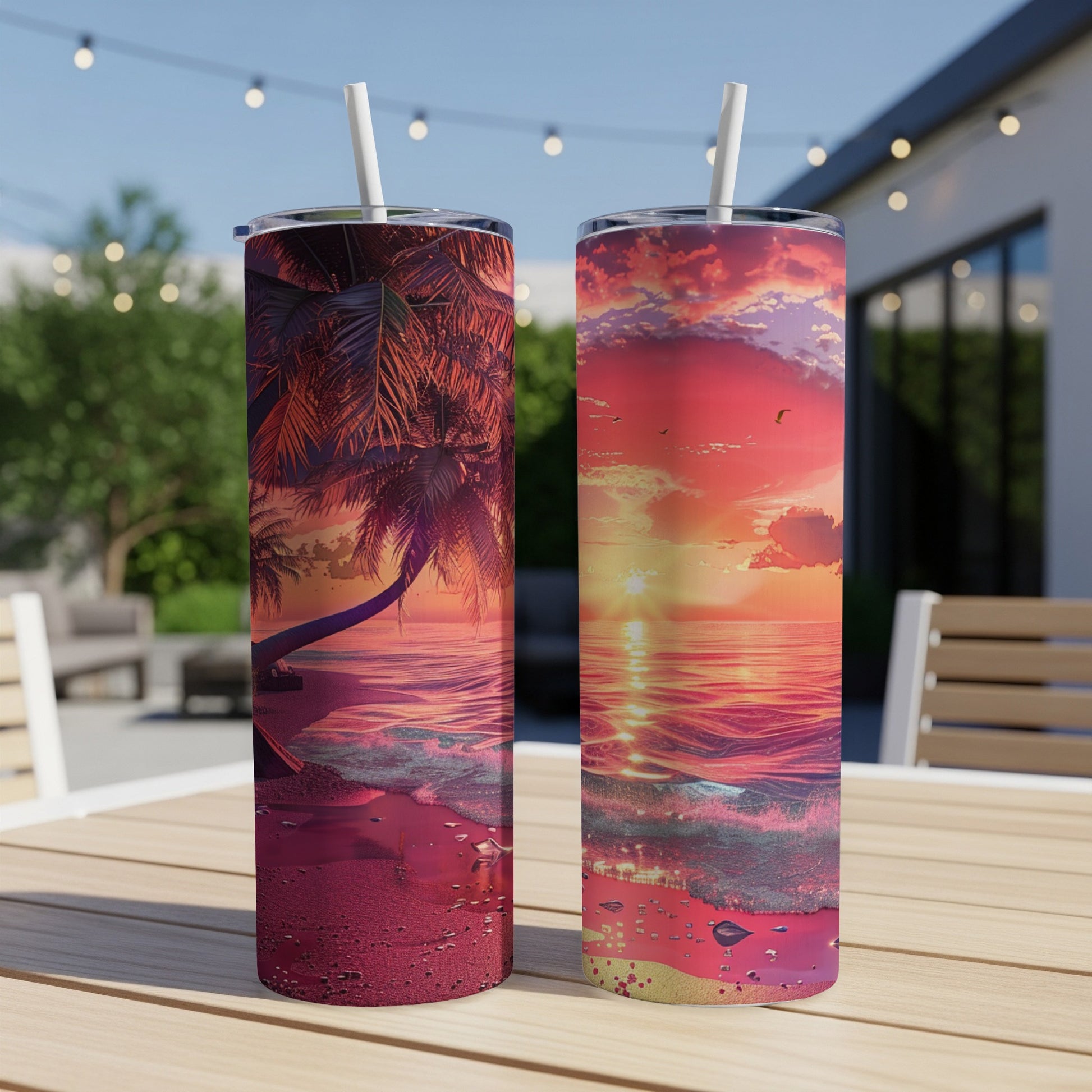 Two tumblers with a sunset beach scene design on an outdoor table.