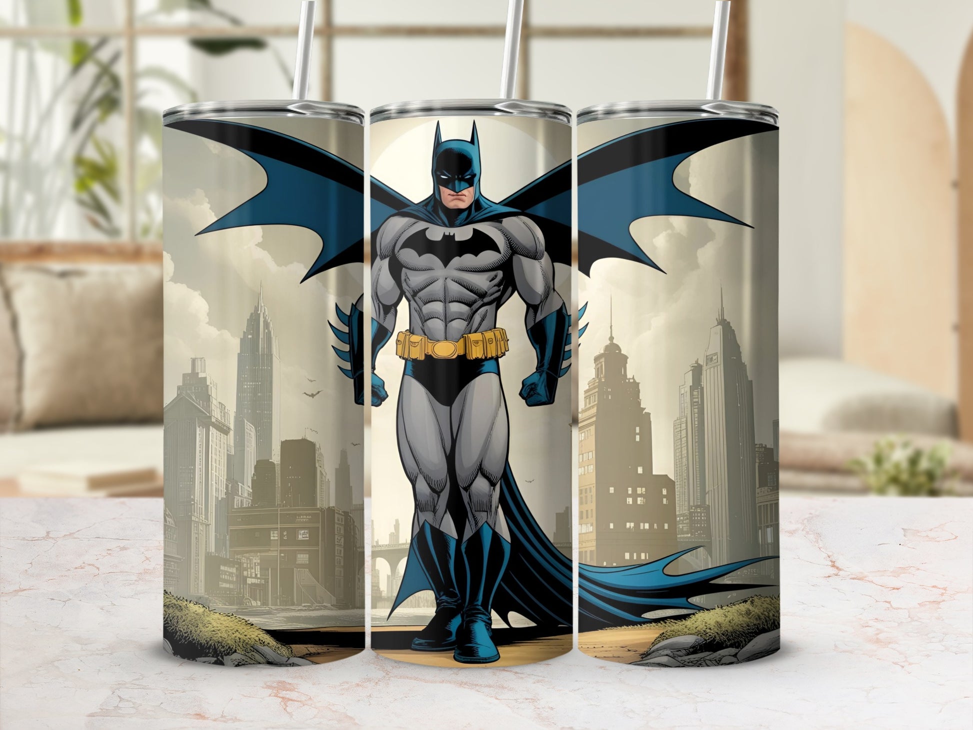 Batman standing in front of a cityscape on a tumbler.