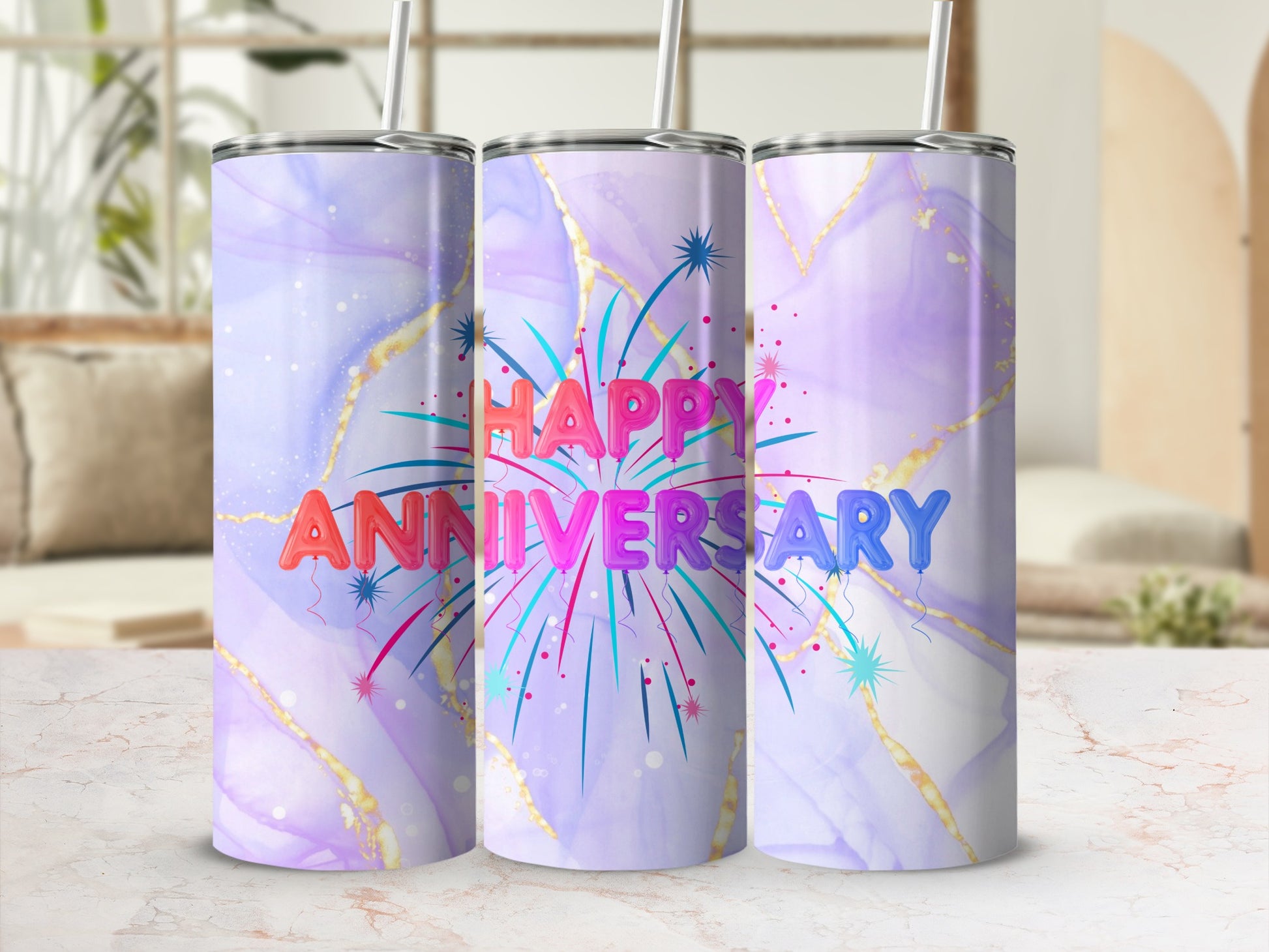 Anniversary tumbler with purple marble design and colorful fireworks.