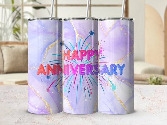 Anniversary tumbler with purple marble design and colorful fireworks.