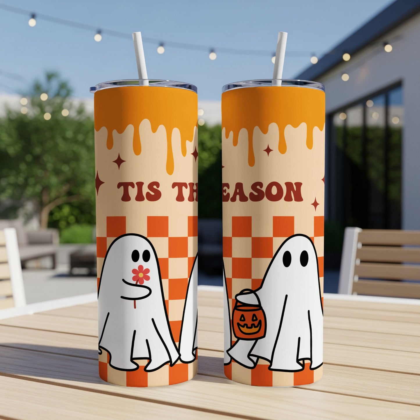 Two tumblers with dripping orange icing, checkered pattern, and ghosts. "Tis the Season" text.