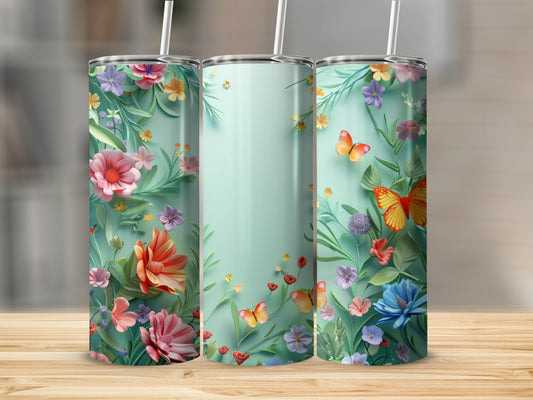 Three tumblers with a light green background featuring a floral and butterfly pattern.