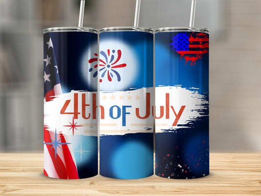 Three 4th of July themed tumblers with patriotic designs and fireworks.