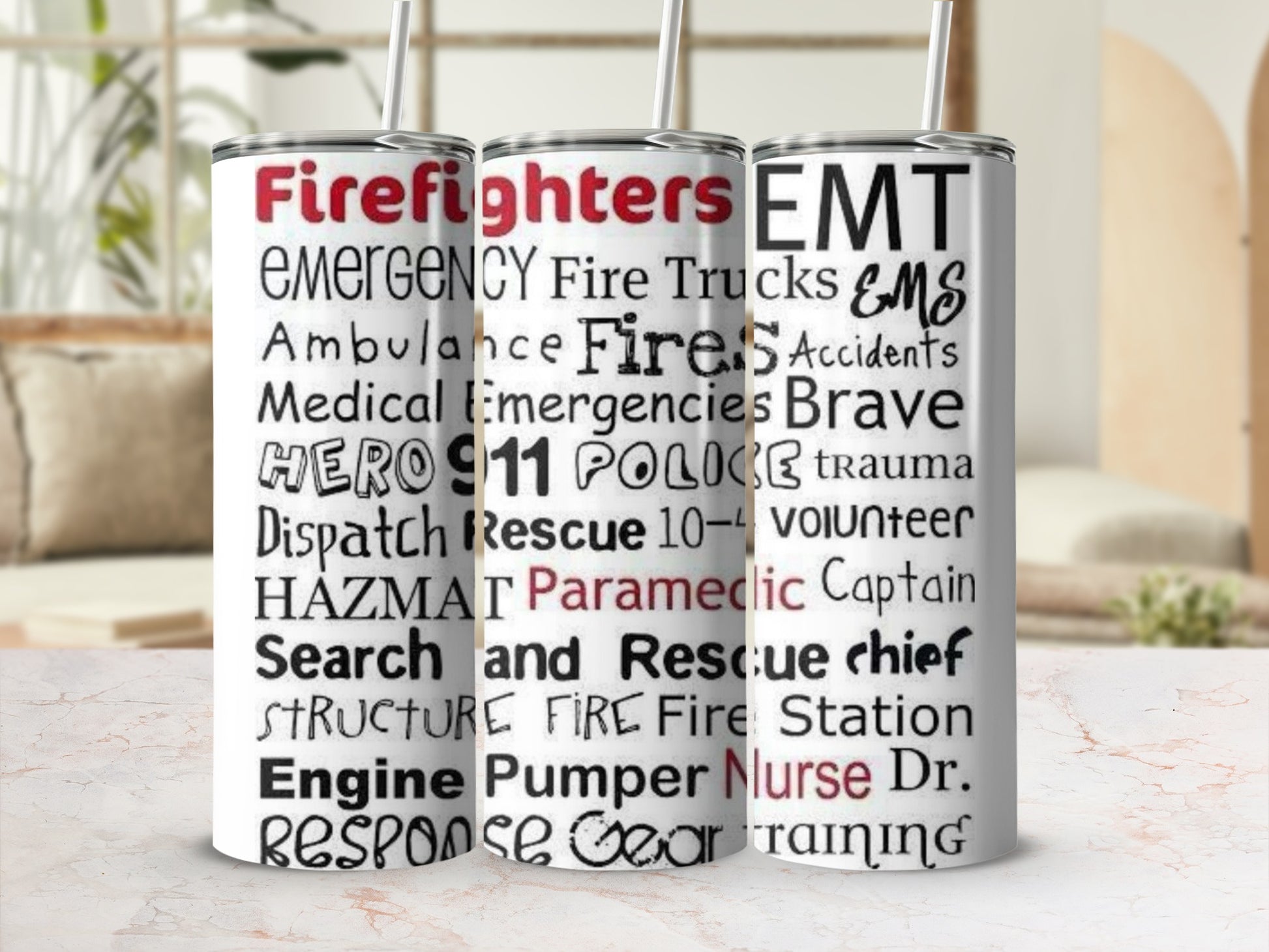 Firefighters EMT Heroes Emergency Words Pattern Tumbler