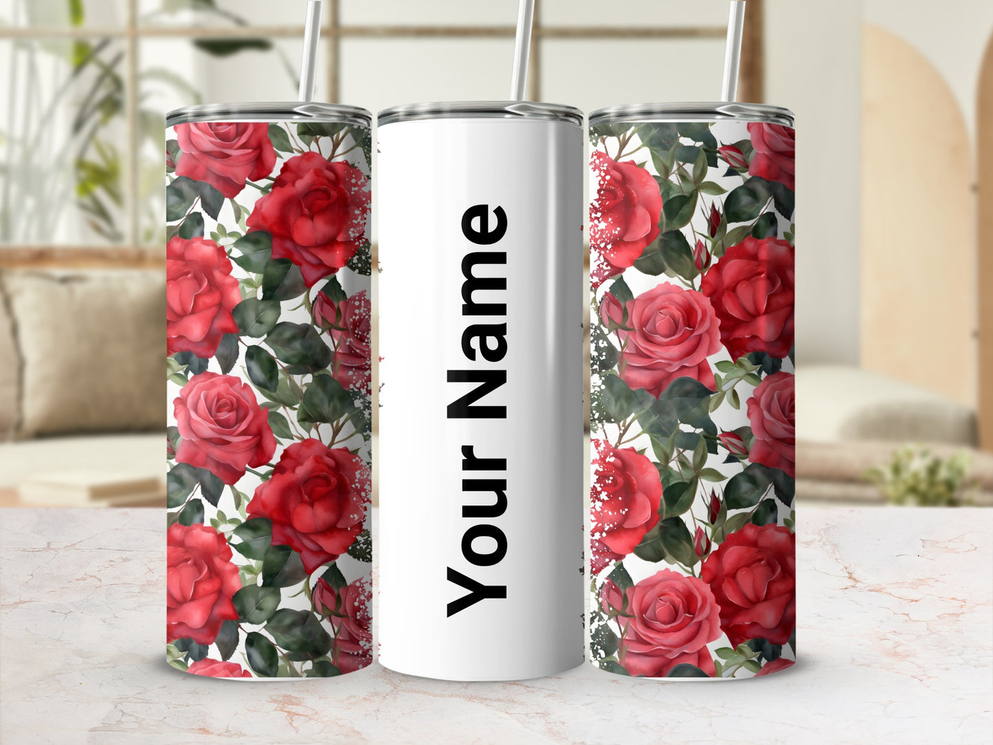 Personalized Red Floral Tumbler with Custom Name