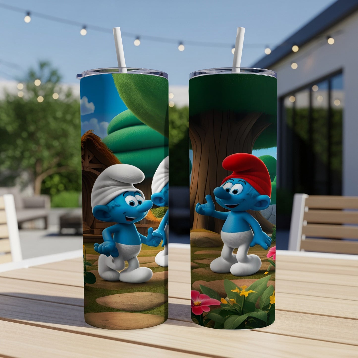 Two Smurfs characters on tumblers, one holding a flower, set outdoors.