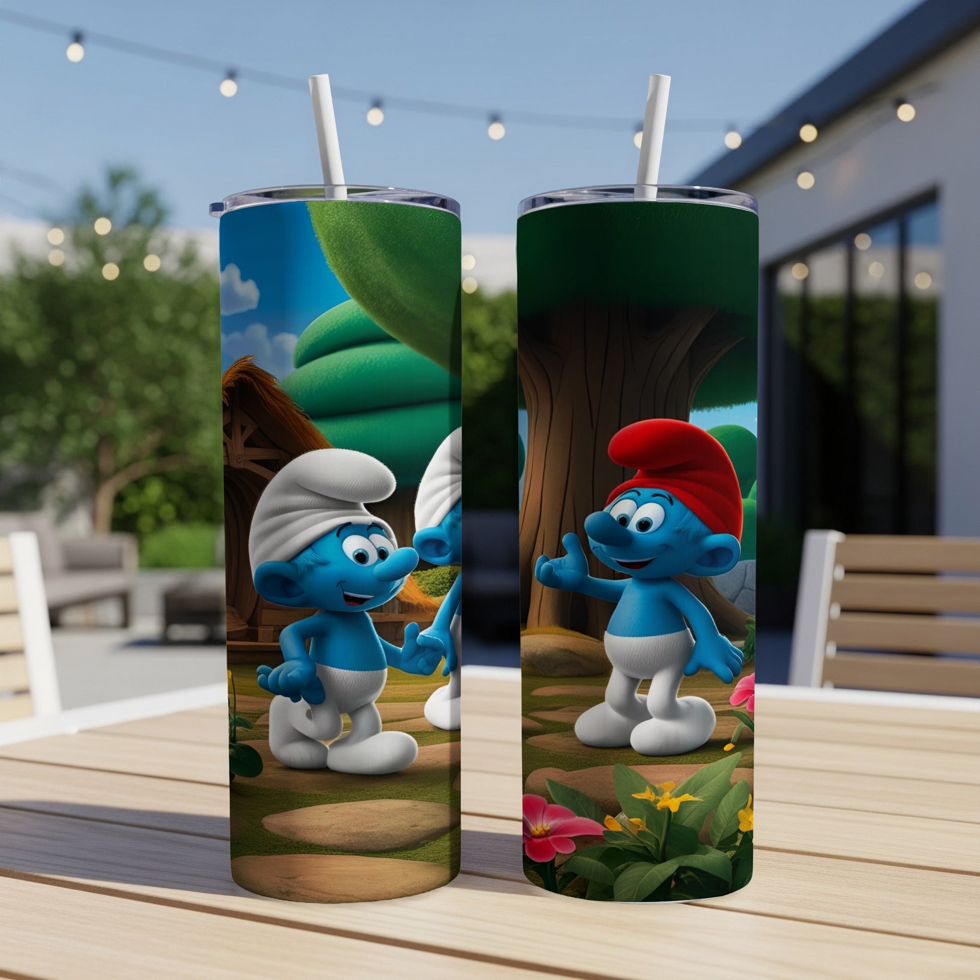 Two Smurfs characters on tumblers, one holding a flower, set outdoors.