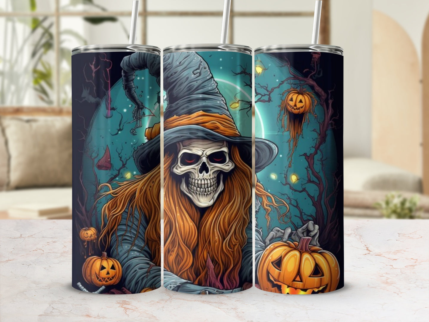 Halloween Witch Skeleton and Pumpkins Stainless Steel Tumbler