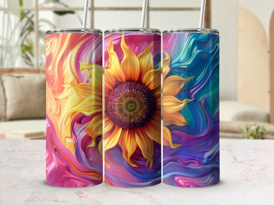 Three tumblers with a vibrant, abstract sunflower design.