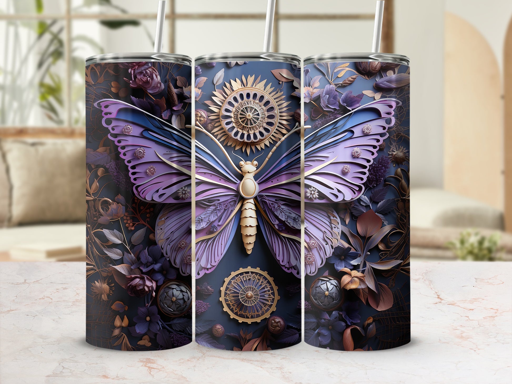 Three tumblers featuring a purple butterfly and floral design.