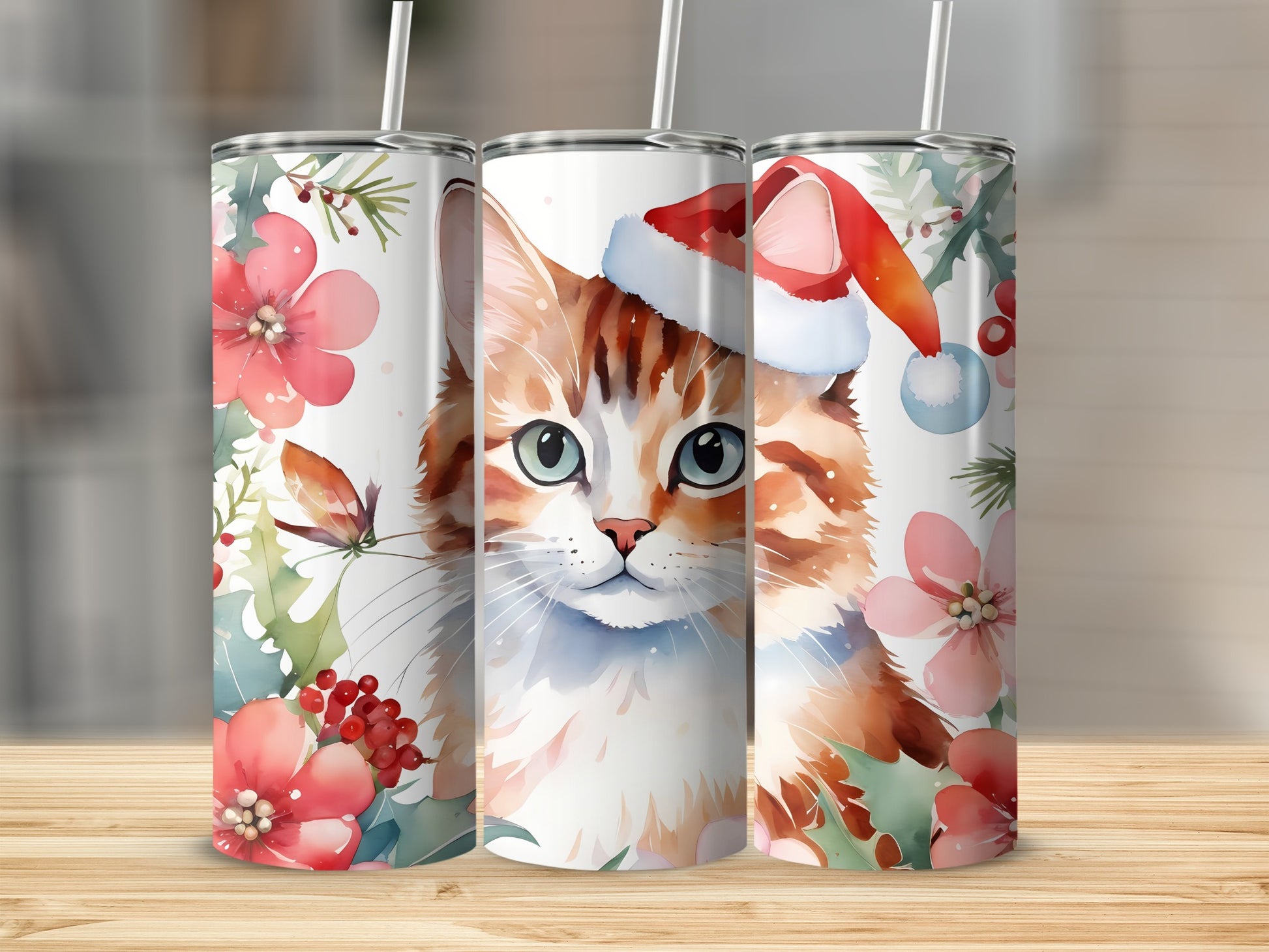 Ginger tabby cat wearing a Santa hat surrounded by festive flowers and berries.