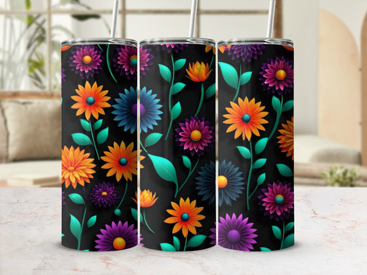 Three tumblers with a dark background and vibrant floral pattern.