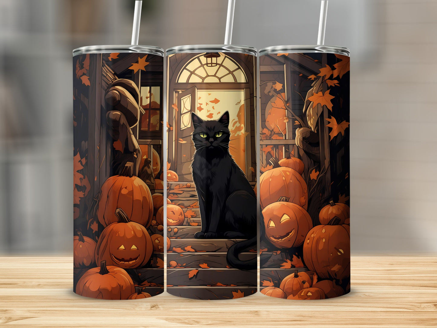 Black cat sits on porch stairs surrounded by carved pumpkins and autumn leaves.