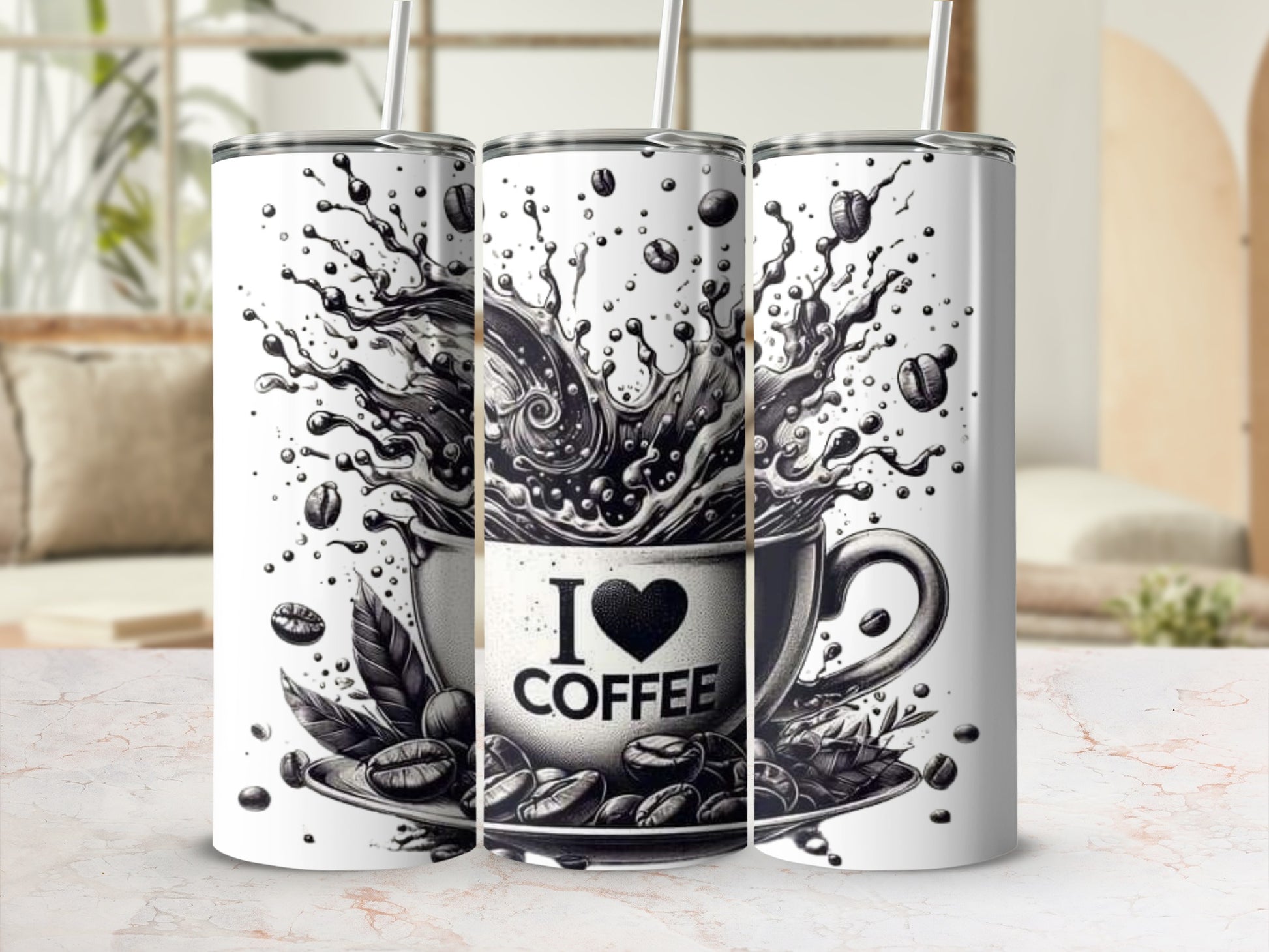 I Love Coffee Splash Design Tumbler Cup Product