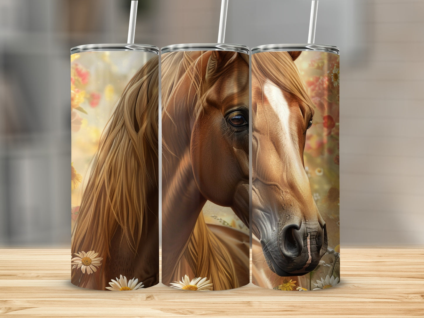 Close-up of a horse's head with flowers and straws.