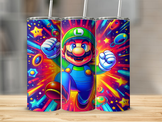 Luigi character from Super Mario with colorful starbursts and game elements.