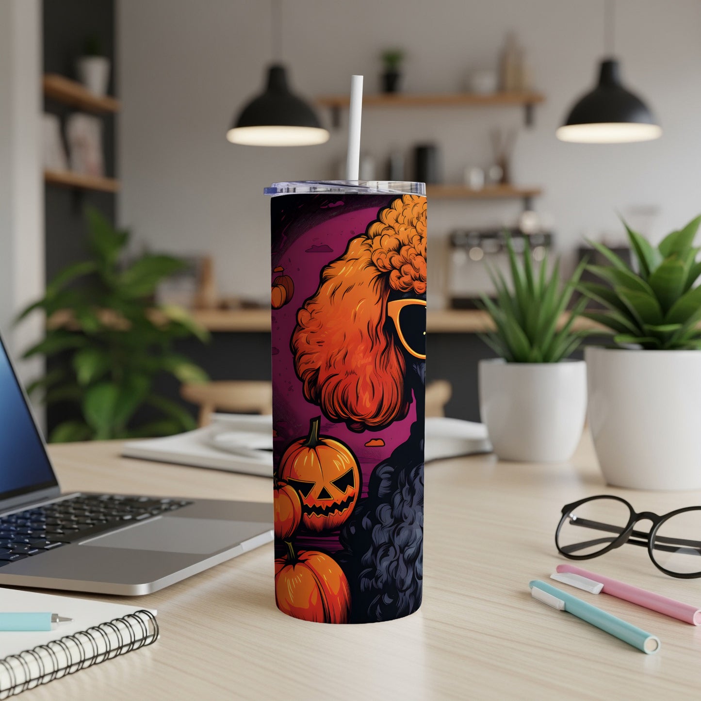 Halloween-themed tumbler with poodle graphic, pumpkins, and orange curly hair.