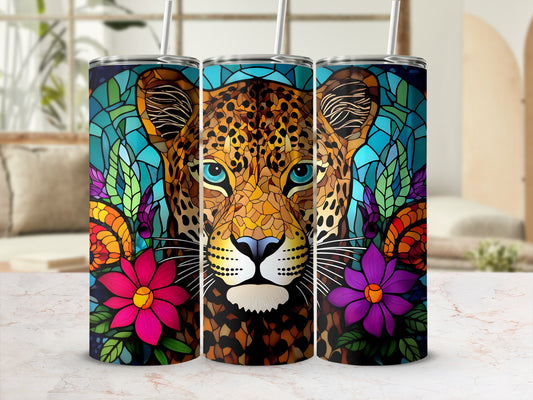 Leopard face with stained glass background and vibrant flowers.