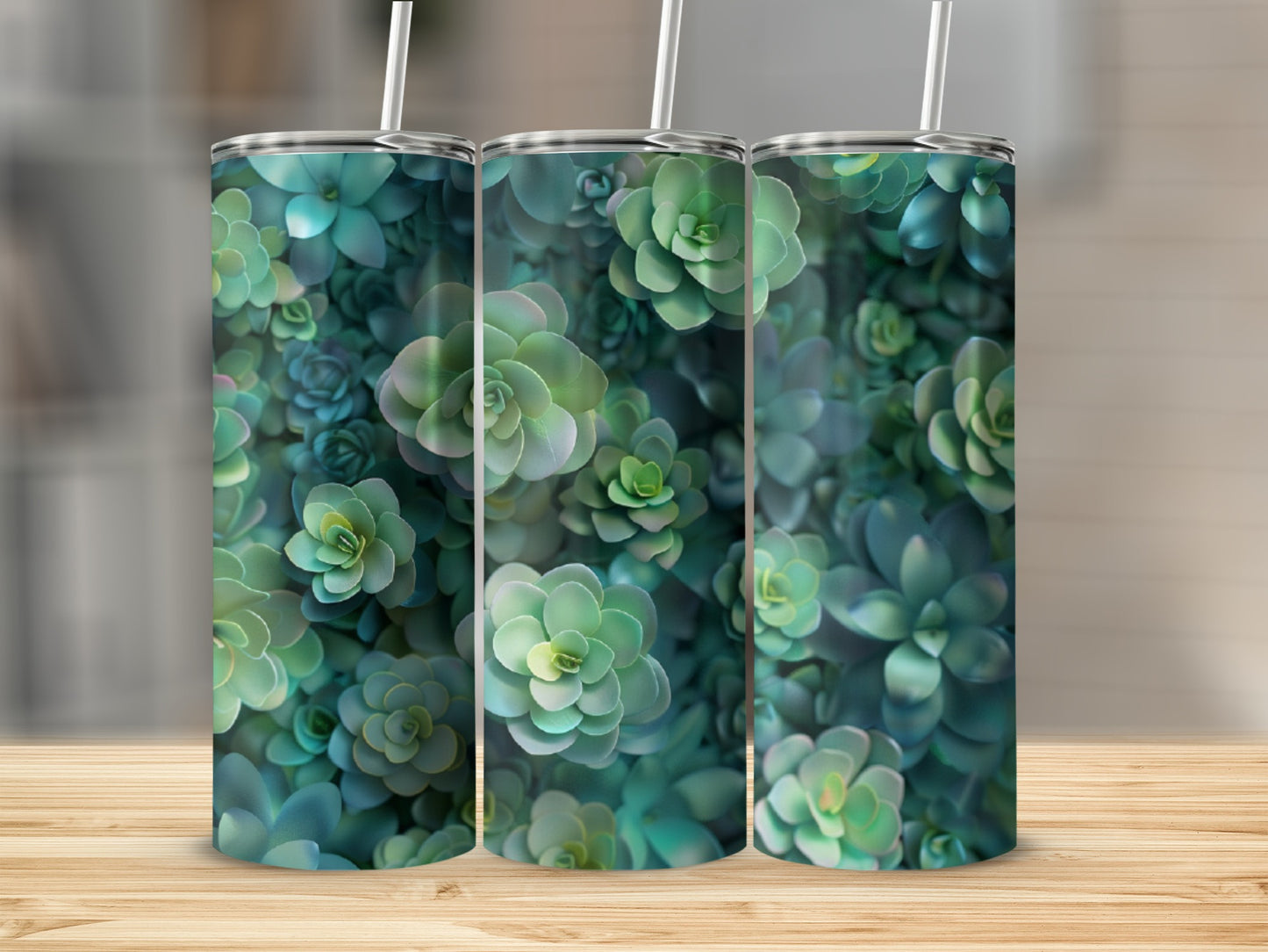 Green and blue succulents cover a tall, cylindrical tumbler with a straw.
