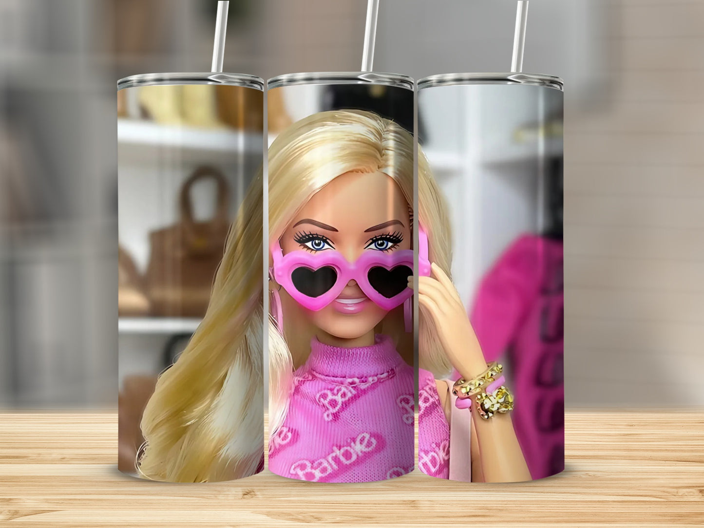 Trendy Barbie-Inspired Tumbler with Heart Sunglasses Design