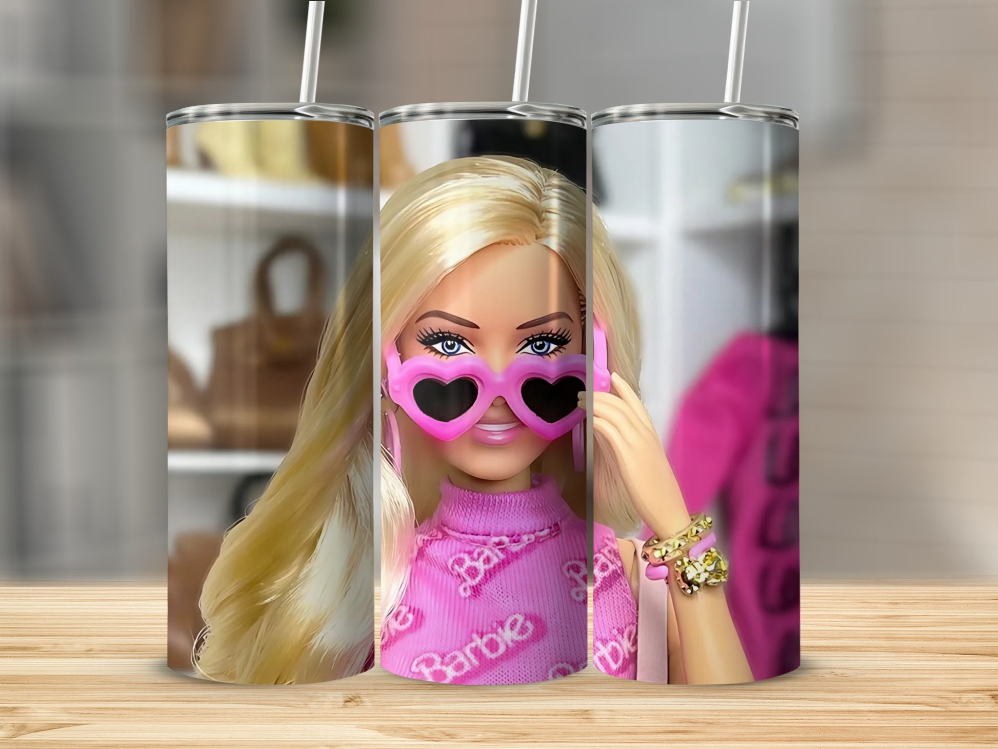 Trendy Barbie-Inspired Tumbler with Heart Sunglasses Design