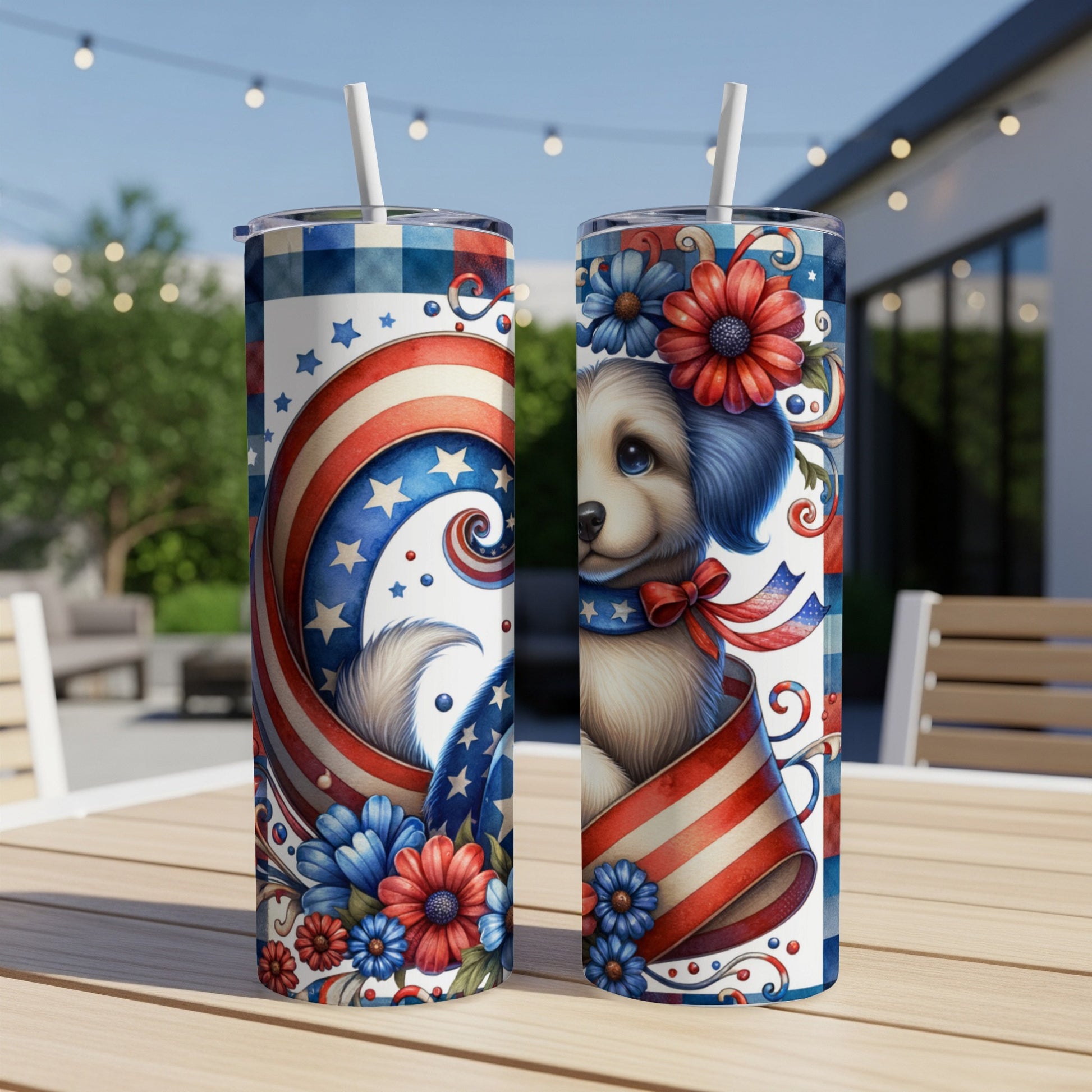 Patriotic dog with stars, stripes, and flowers on a tumbler.