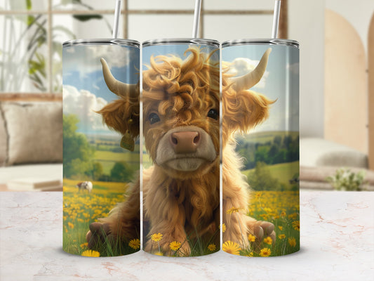 Fluffy Highland cow sitting in a field of yellow flowers with mountains.