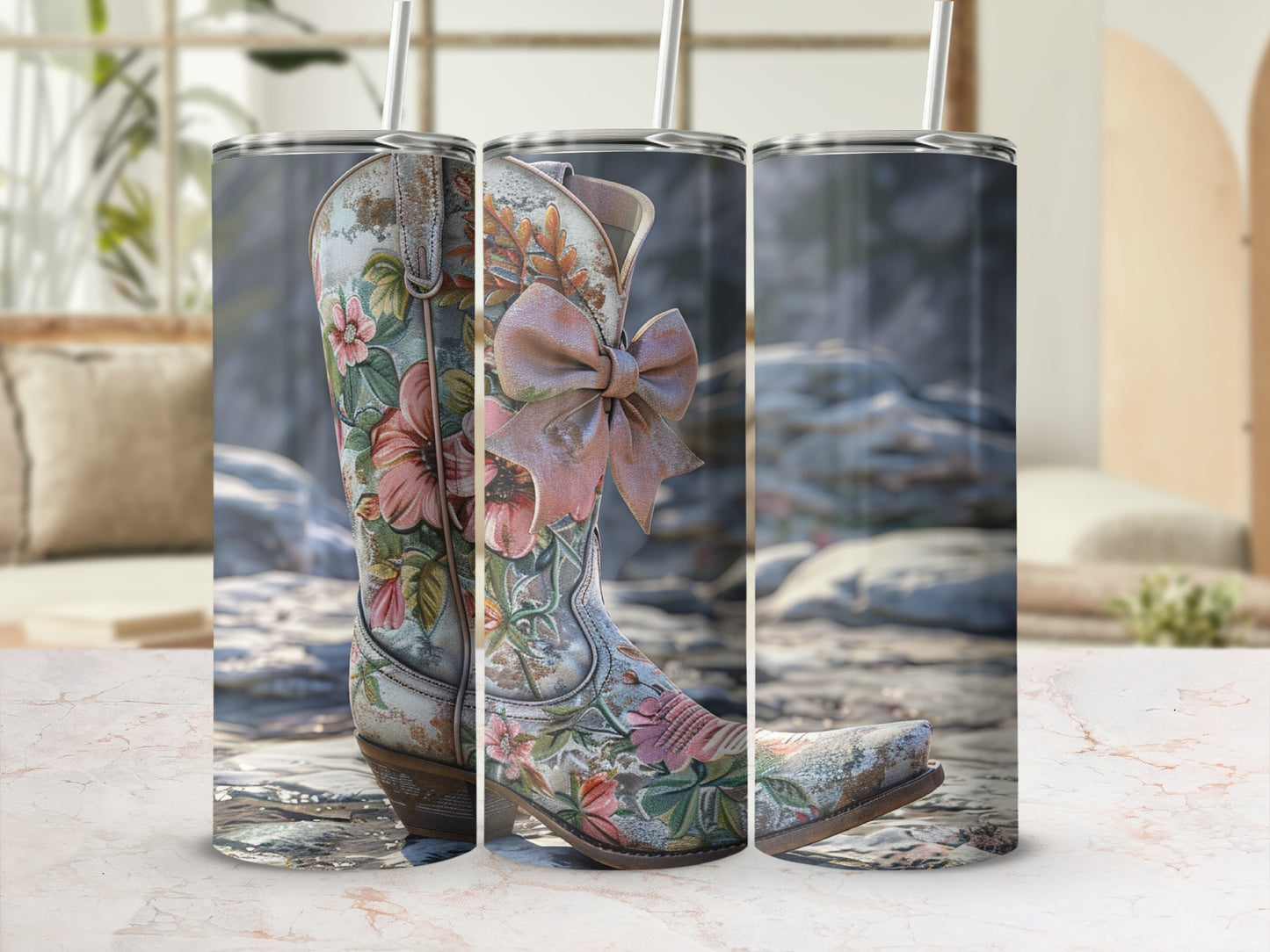 Cowboy boot with floral pattern and pink bow on a textured background.