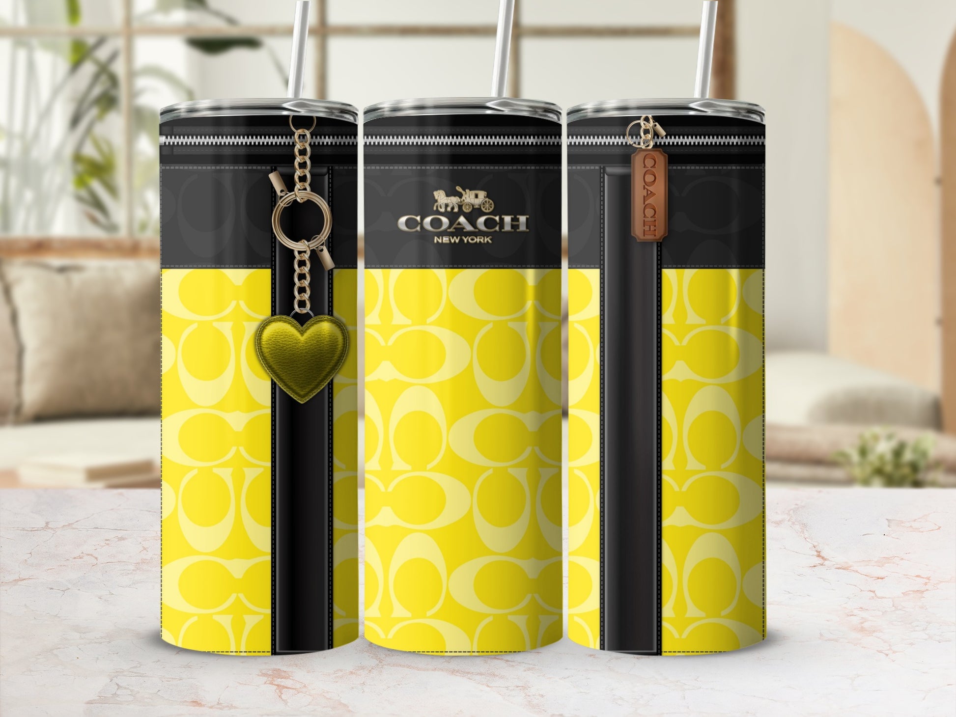 Stylish Yellow and Black Coach Pattern Tumbler