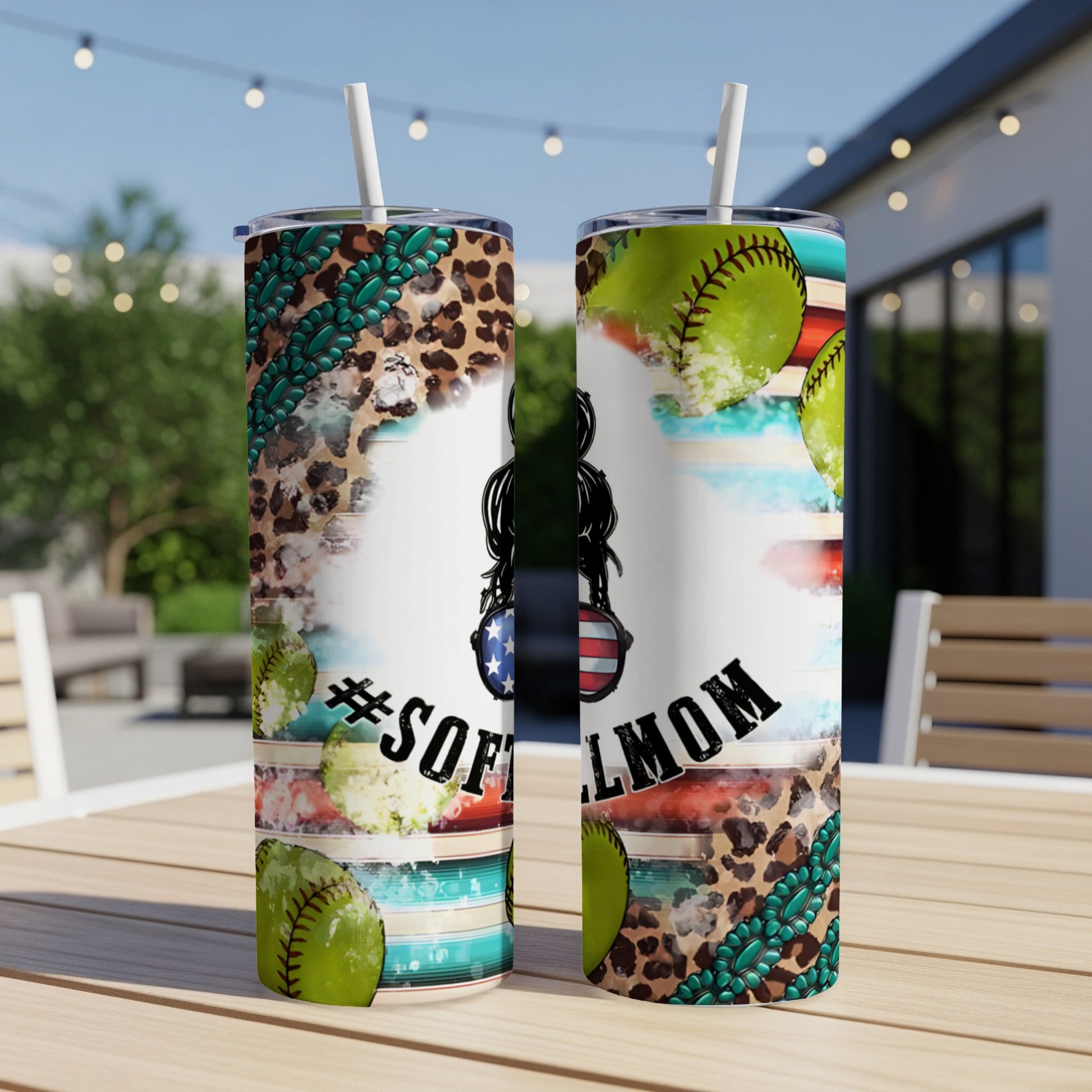 Two tumblers with softball and leopard print designs, featuring "#softballmom" text.