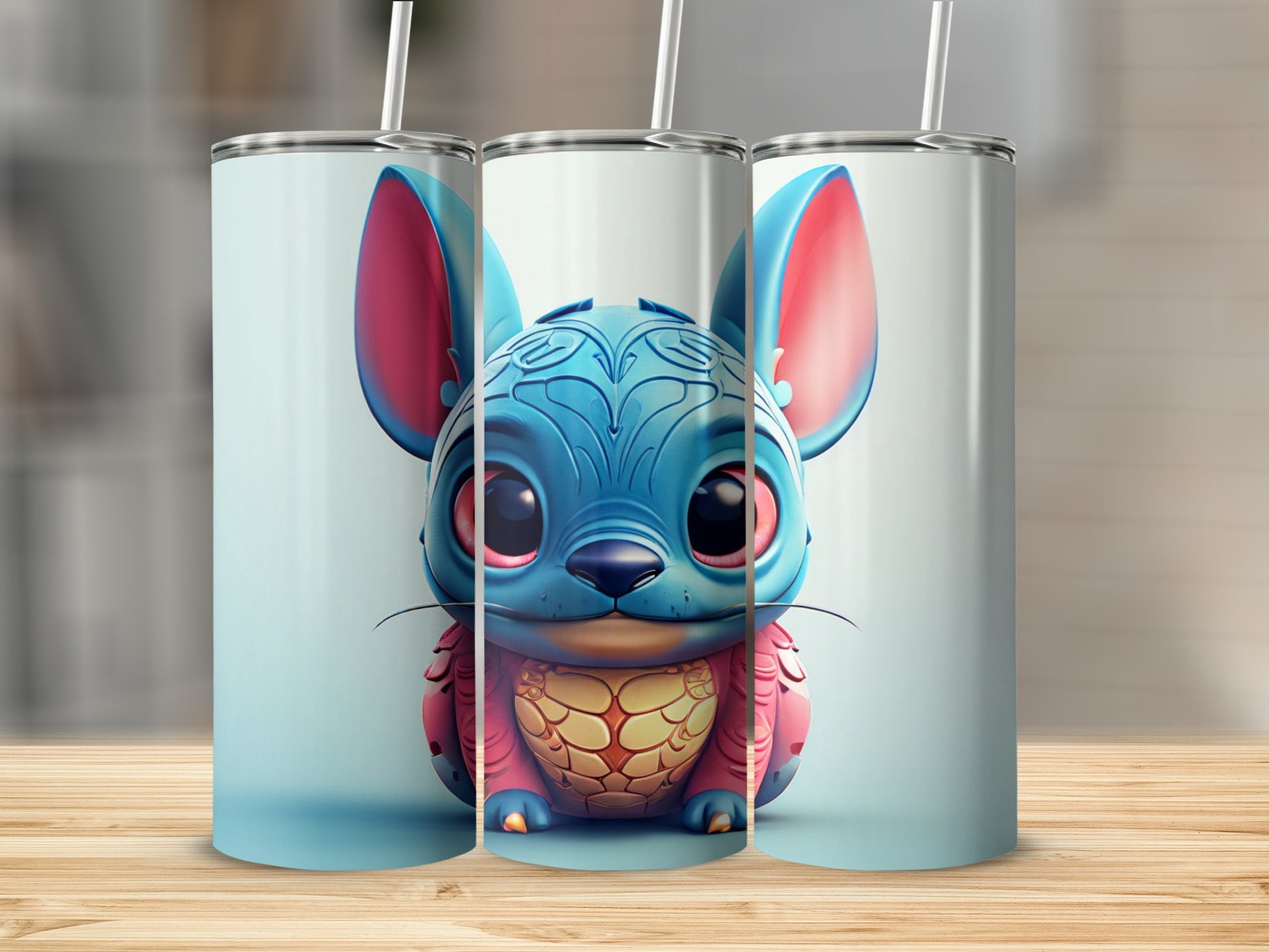Blue Stitch-like creature with large ears and pink accents on a tumbler.