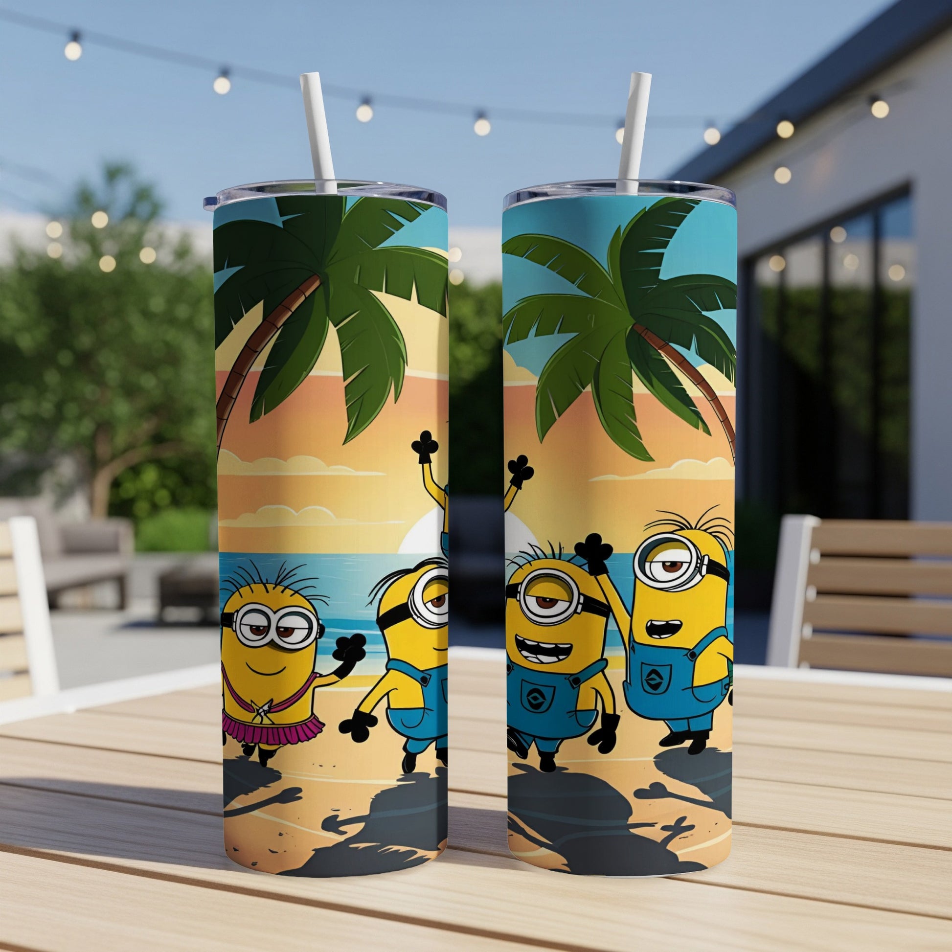 Two Minions on a beach at sunset with palm trees.