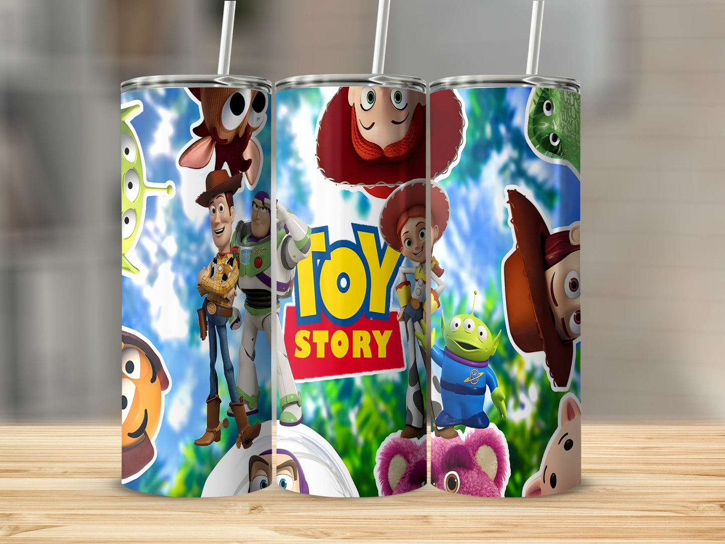 Toy Story characters, including Buzz Lightyear, Woody, and Alien, on a tumbler.