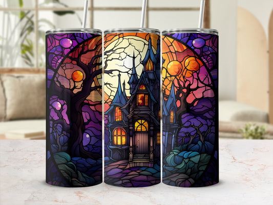 Haunted house with moon and stained glass design on three tumblers.