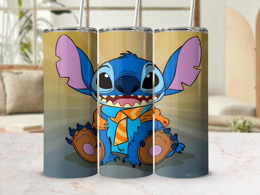 Blue Stitch character wearing an orange and blue scarf and holding a straw.