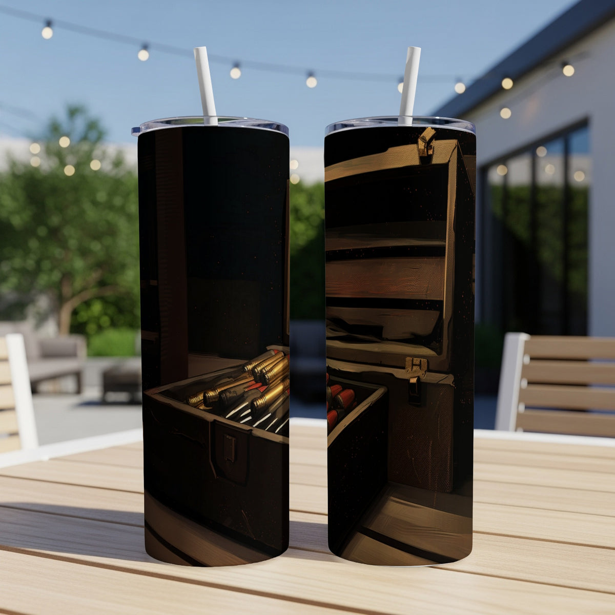 Two tumblers with a pattern of ammunition in open boxes.