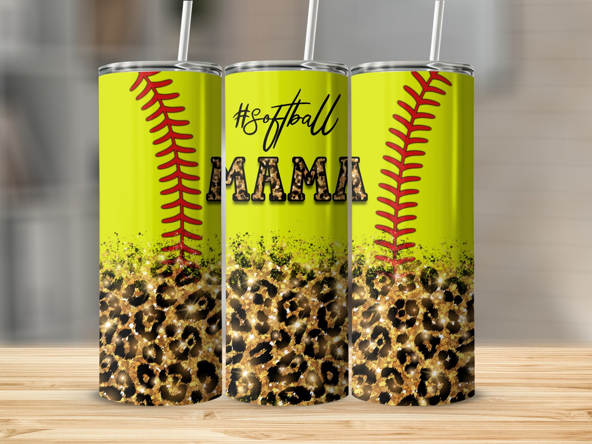 Yellow tumbler with "Softball Mama" text and leopard print.
