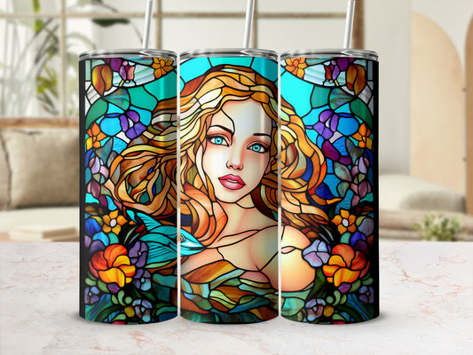 Stained glass tumbler with woman and floral details.