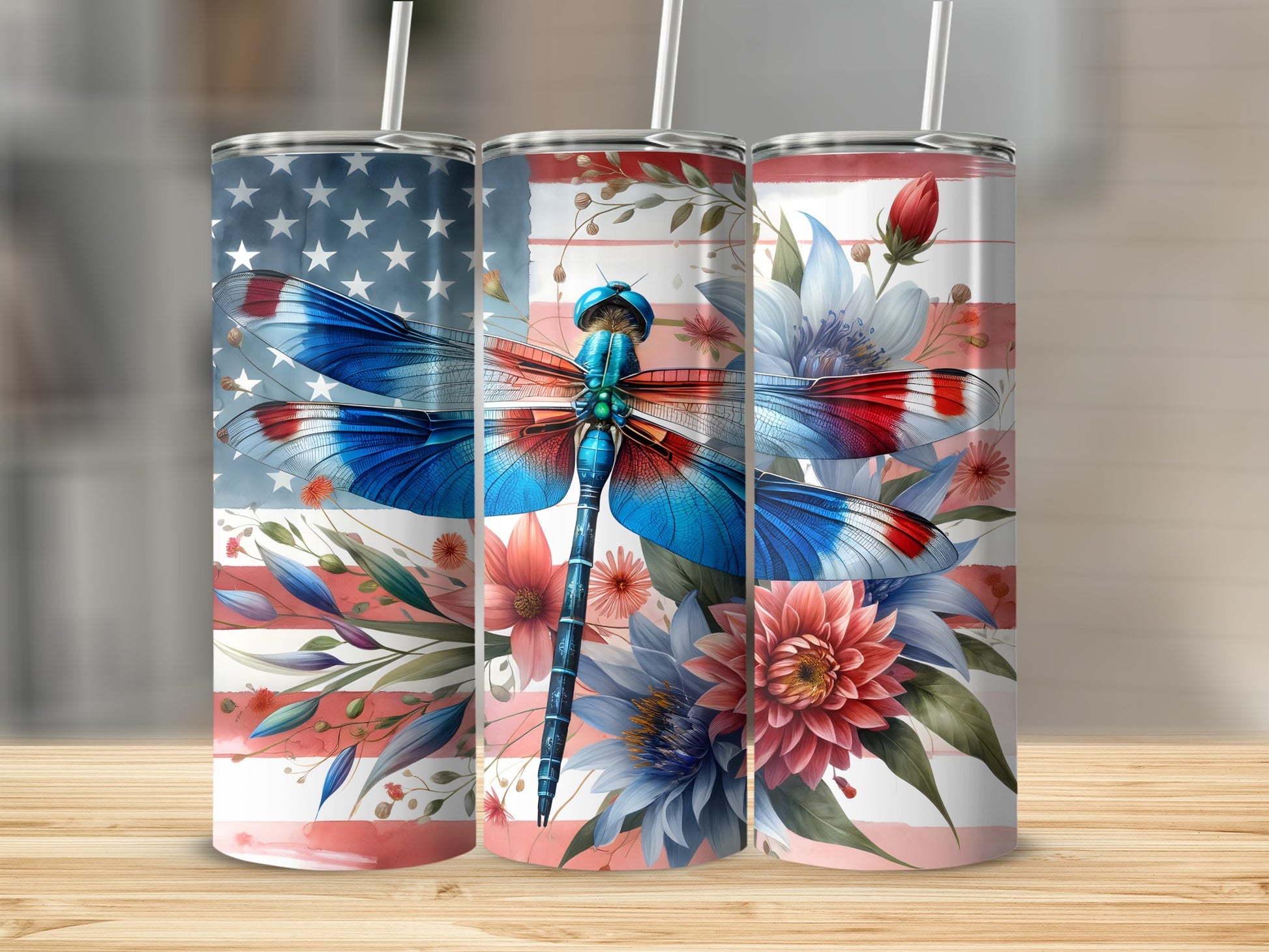 Three tumblers with American flag design and dragonflies.