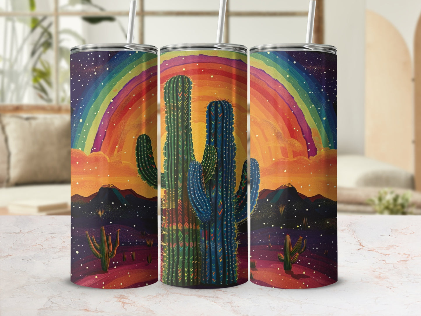 Three desert tumblers with cactus and rainbow design.