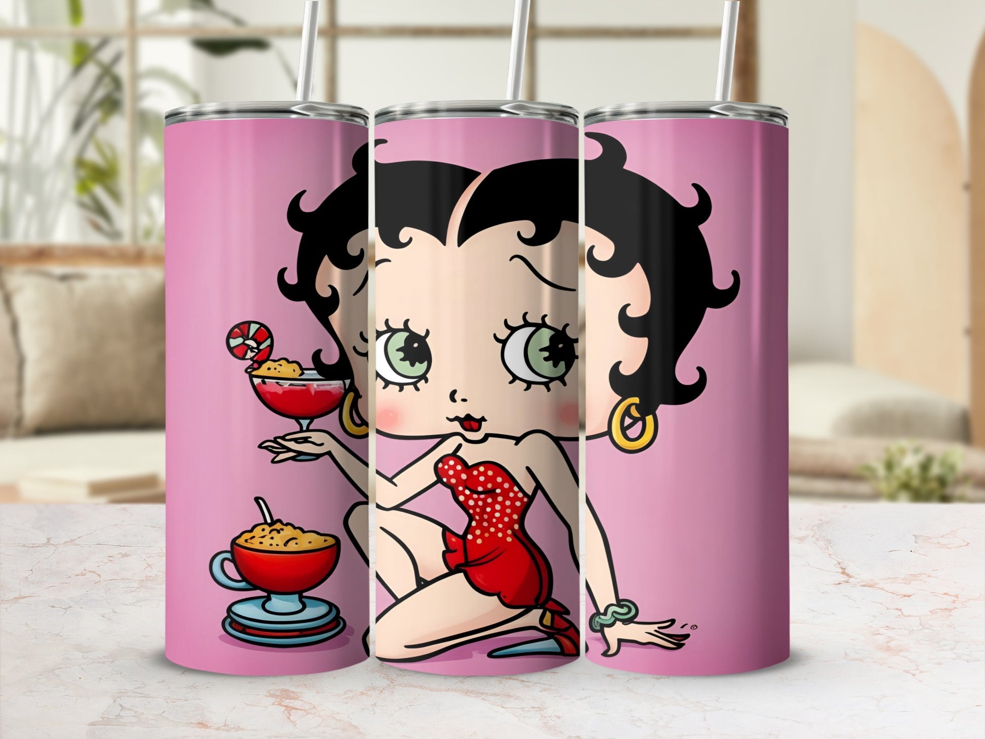 Betty Boop in red dress holding cocktail and candy on pink tumbler.