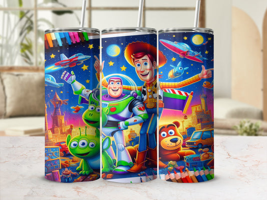 Buzz Lightyear, Woody, and Alien from Toy Story on a tumbler with colored pencils.