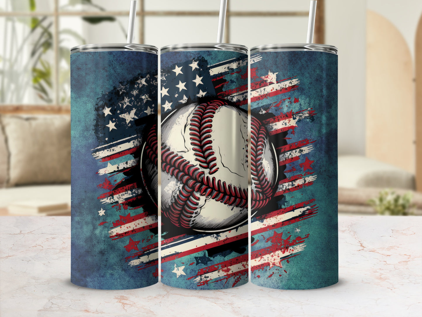 Vintage American Flag Baseball Design Tumbler Flask