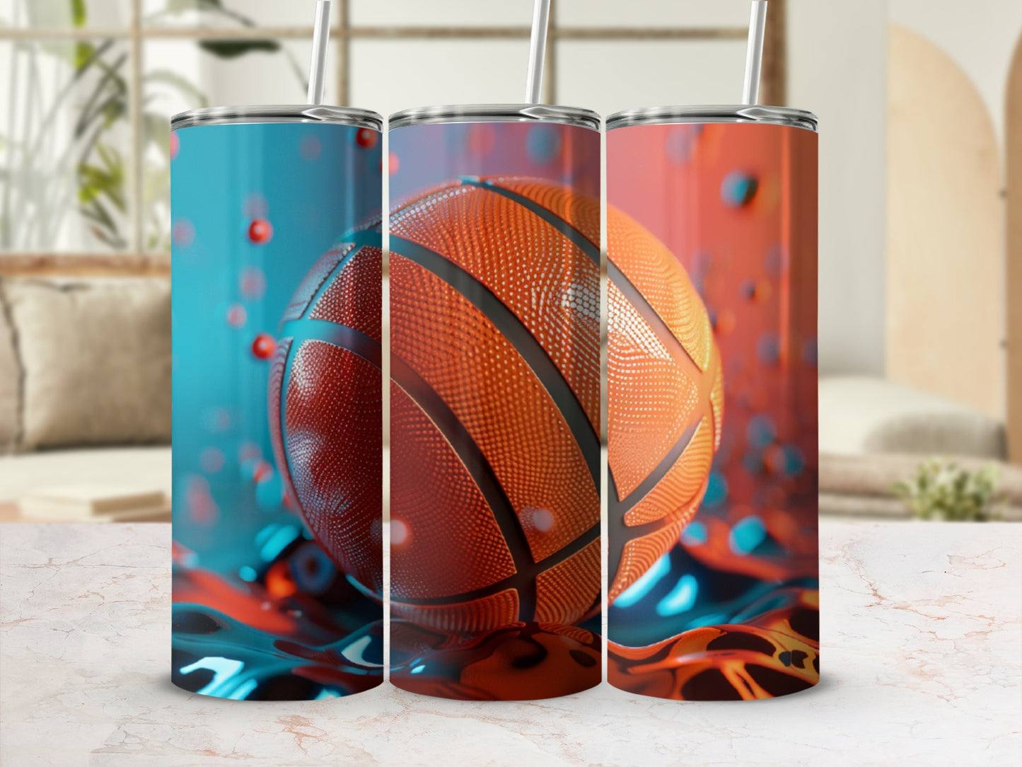 Three tumblers with a basketball design on a marbled surface.